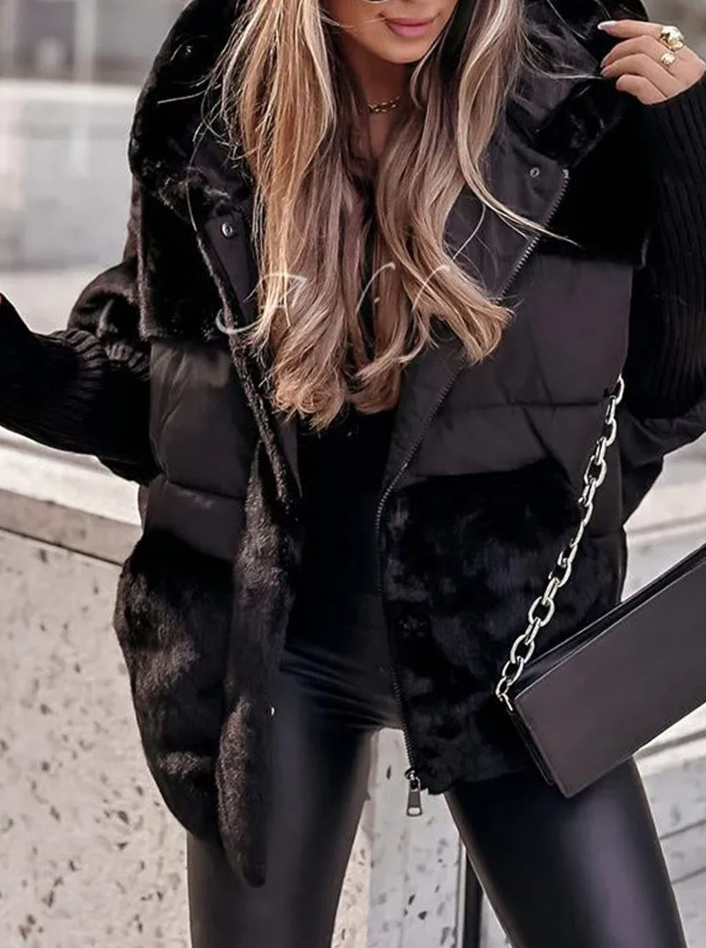 Women's Quilted Puffer Jacket Faux Fur Hood Ribbed Cuffs - Black