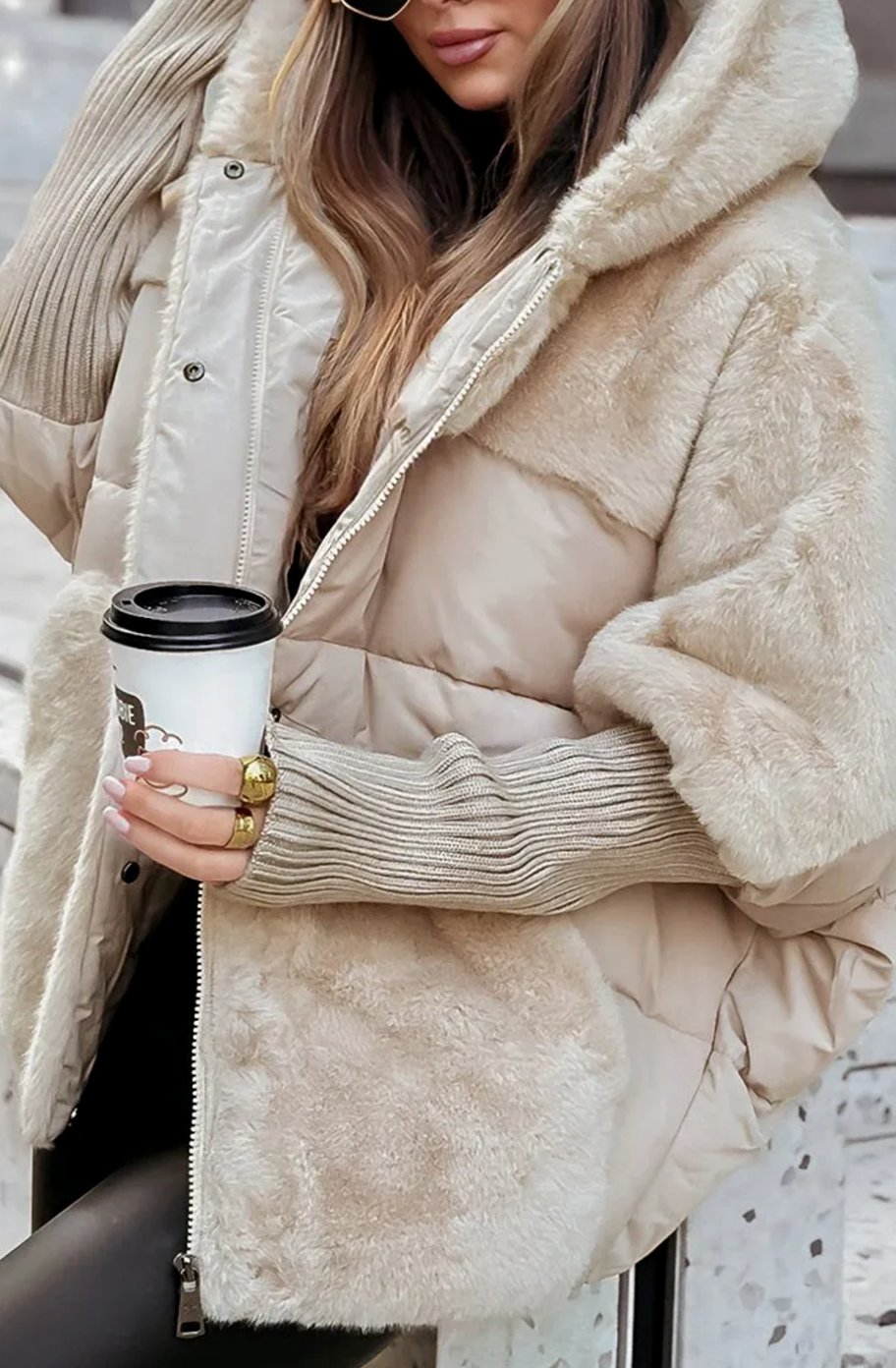 Women's Quilted Puffer Jacket Faux Fur Hood Ribbed Cuffs - Beige