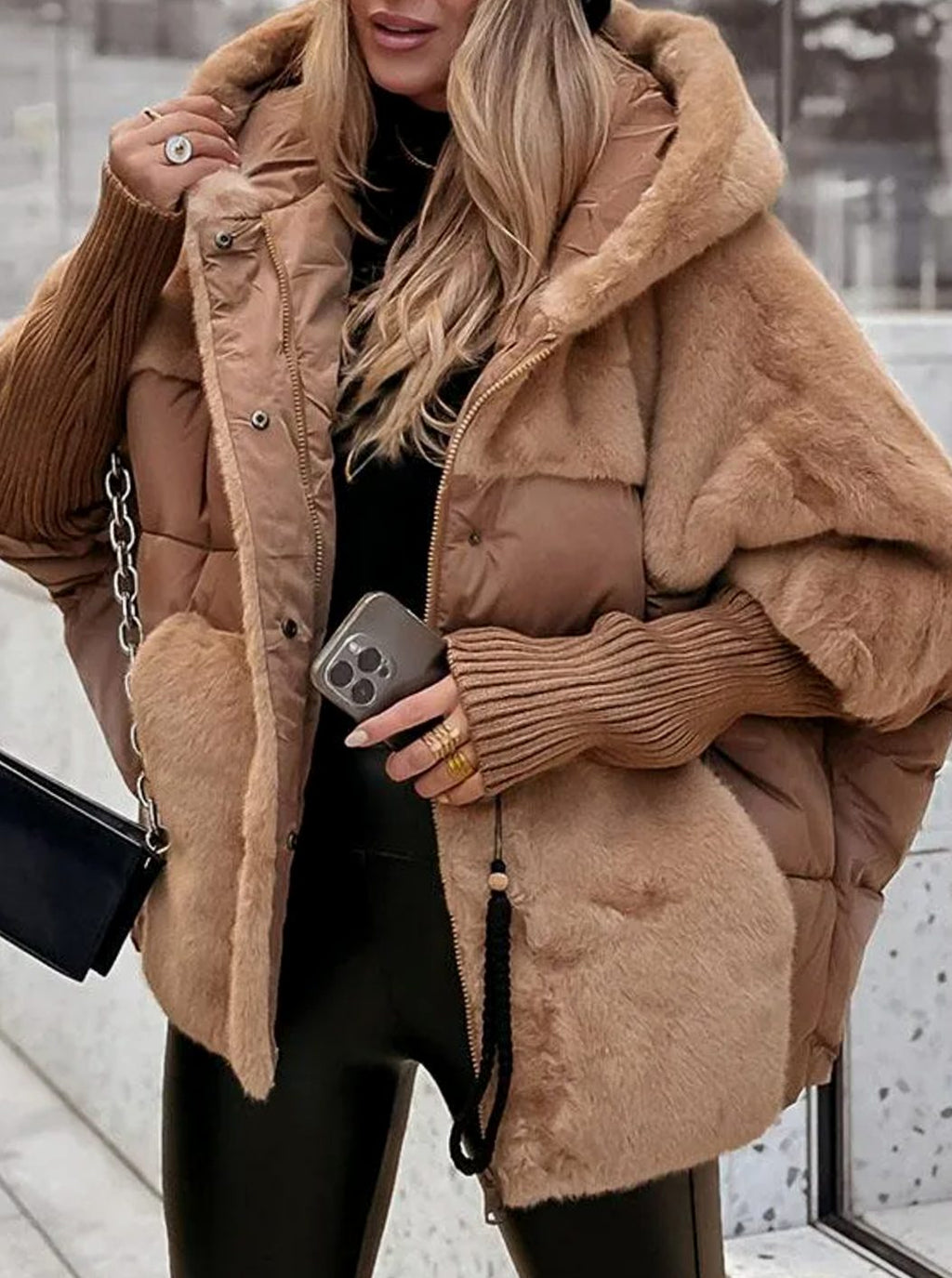 Women's Quilted Puffer Jacket Faux Fur Hood Ribbed Cuffs - Brown