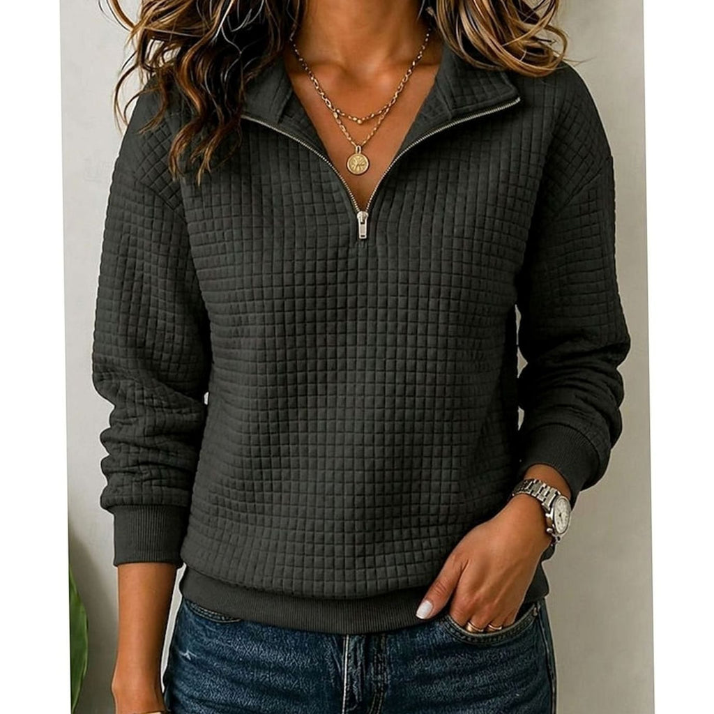 Women's Quilted Quarter-Zip Stand-Collar Pullover Sweater - Black