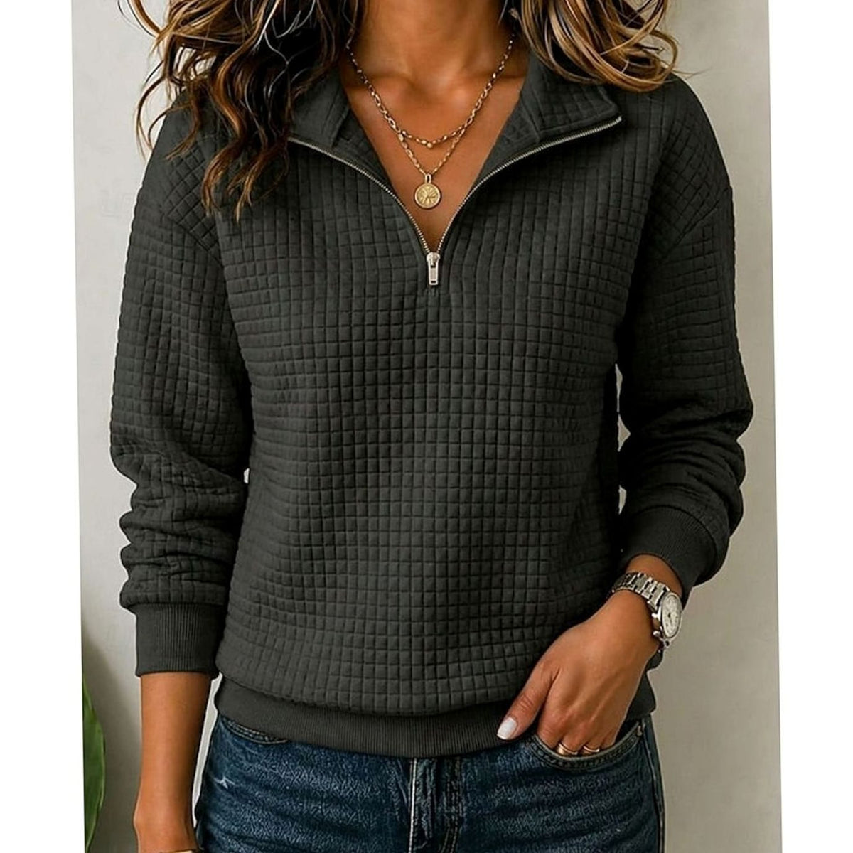 Women's Quilted Quarter-Zip Stand-Collar Pullover Sweater - Black