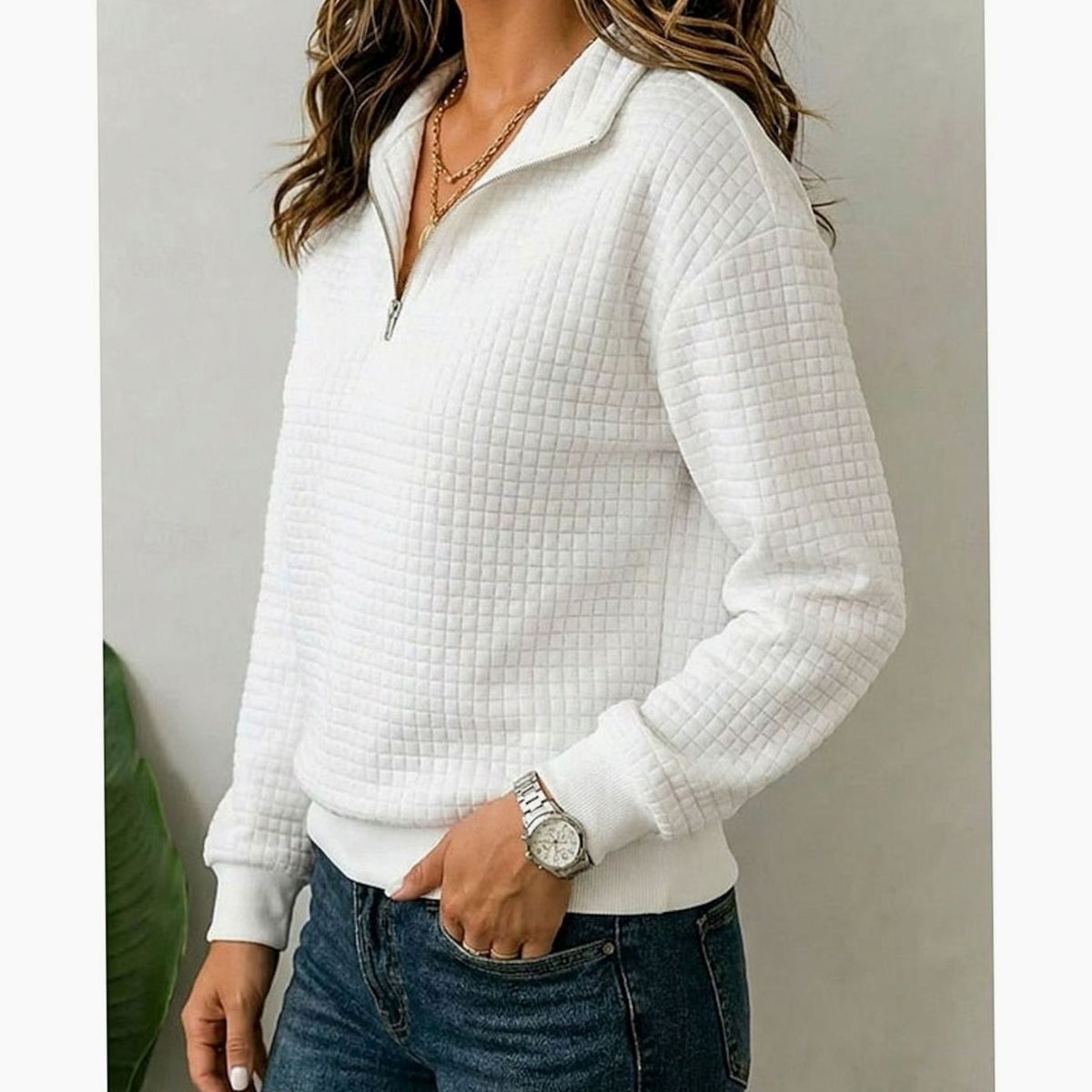 Women's Quilted Quarter-Zip Stand-Collar Pullover Sweater