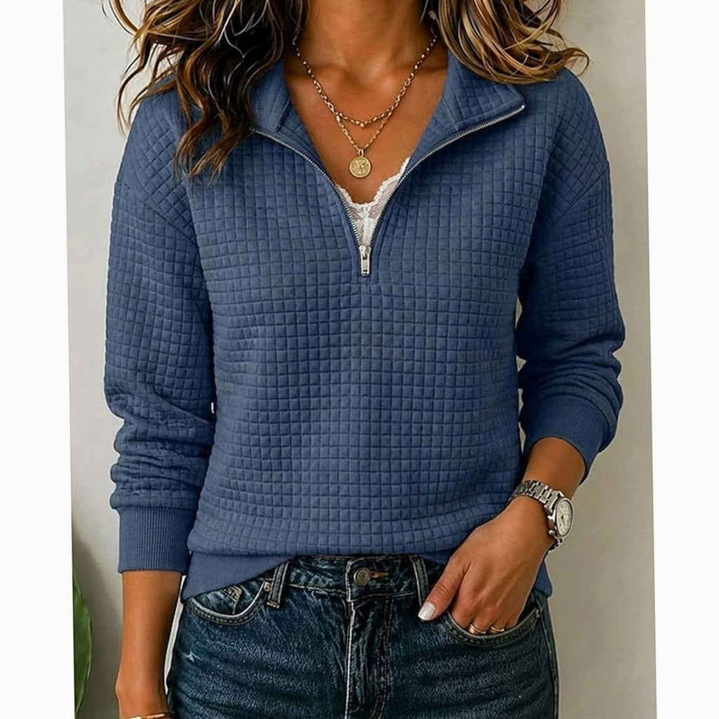 Women's Quilted Quarter-Zip Stand-Collar Pullover Sweater - Navy Blue
