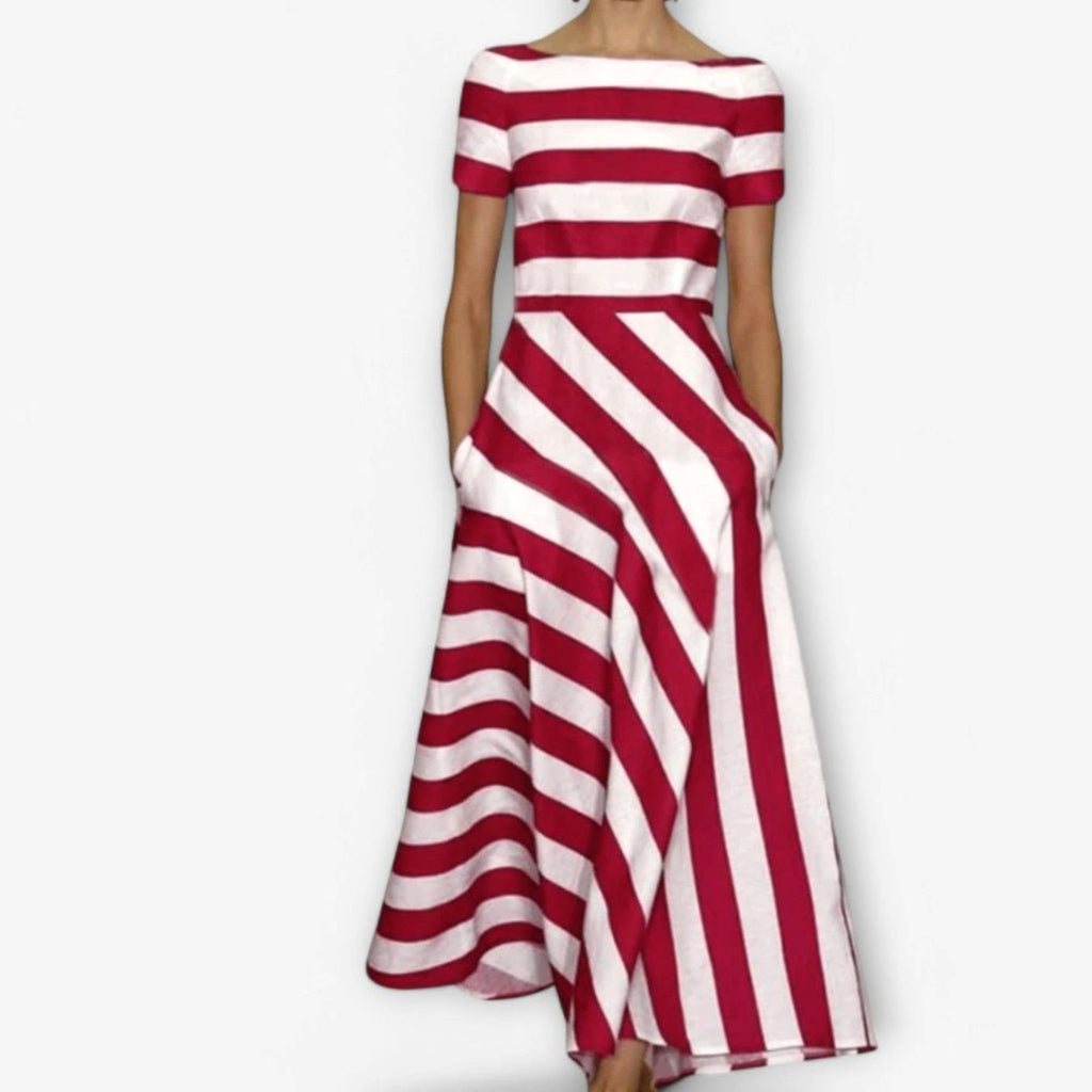 Women's Red White Striped Boat-Neck Short-Sleeve Maxi Dress - Red