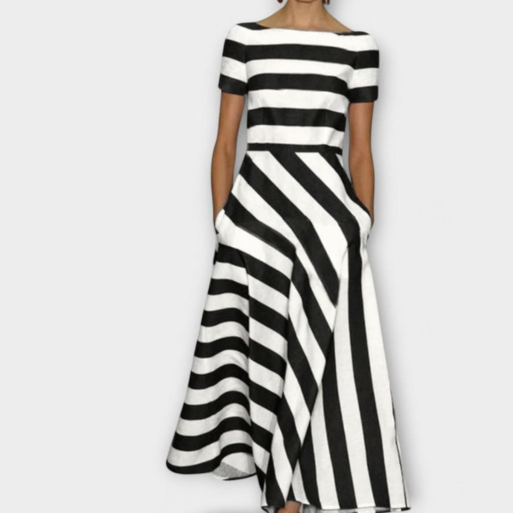 Women's Red White Striped Boat-Neck Short-Sleeve Maxi Dress - Black