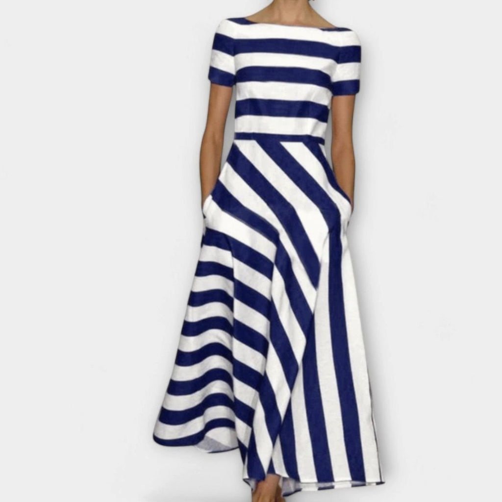 Women's Red White Striped Boat-Neck Short-Sleeve Maxi Dress - Dark Blue