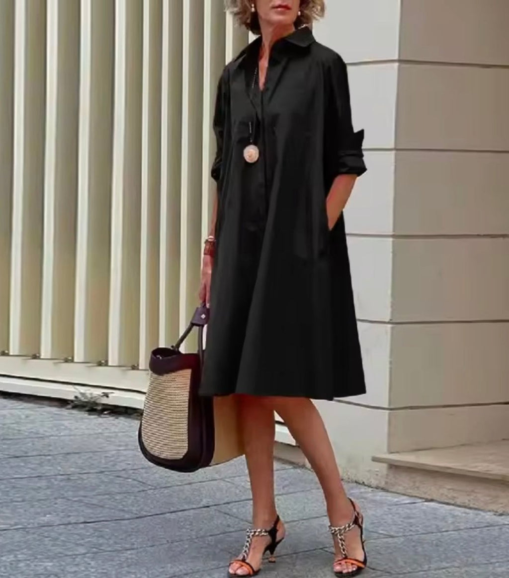 Women's Relaxed A-Line Button-Down Collared Shirt Dress - Black