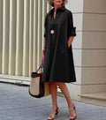 Women's Relaxed A-Line Button-Down Collared Shirt Dress - Black