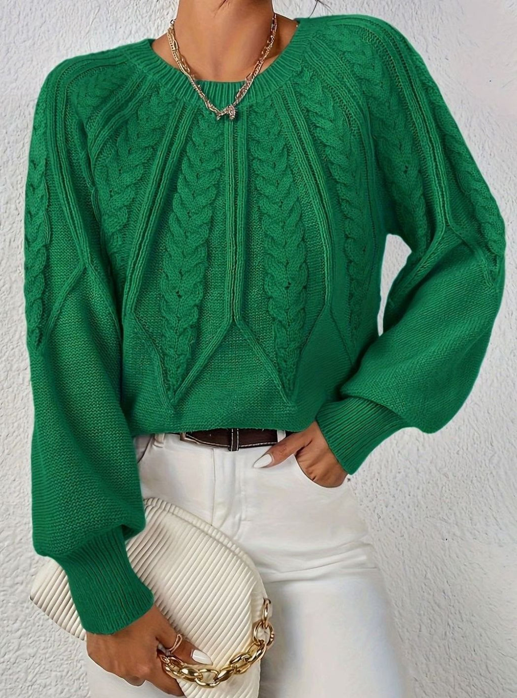 Women's Relaxed Cable-Knit Lantern Sleeve Sweater