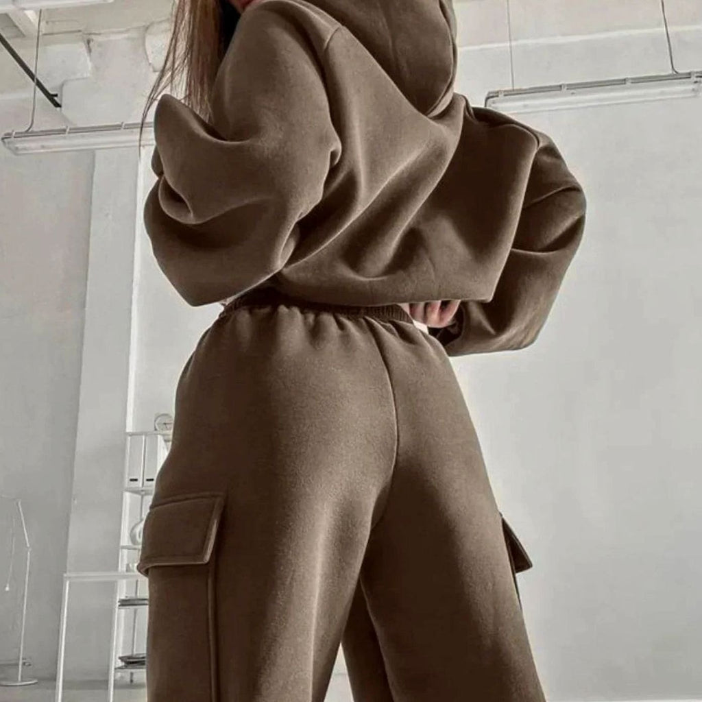 Women's Relaxed Cargo Pocket Hoodie Joggers Two-Piece Set