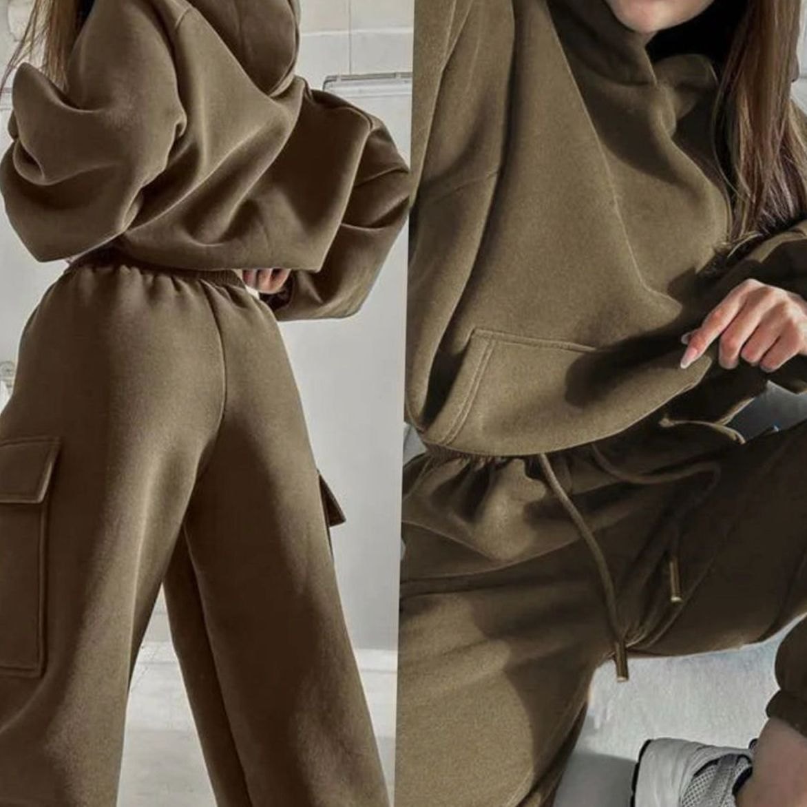 Women's Relaxed Cargo Pocket Hoodie Joggers Two-Piece Set - Khaki