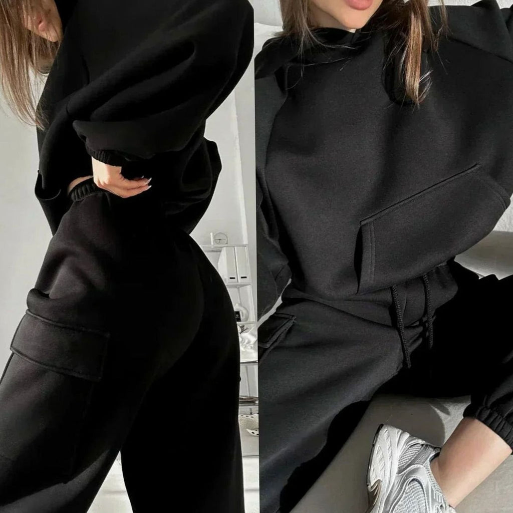 Women's Relaxed Cargo Pocket Hoodie Joggers Two-Piece Set - Black
