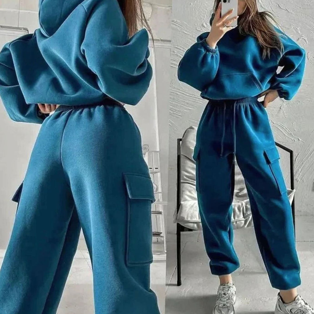 Women's Relaxed Cargo Pocket Hoodie Joggers Two-Piece Set - Blue