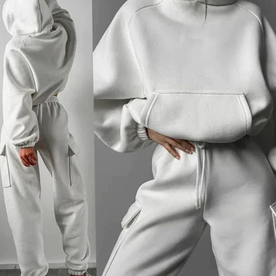 Women's Relaxed Cargo Pocket Hoodie Joggers Two-Piece Set - White
