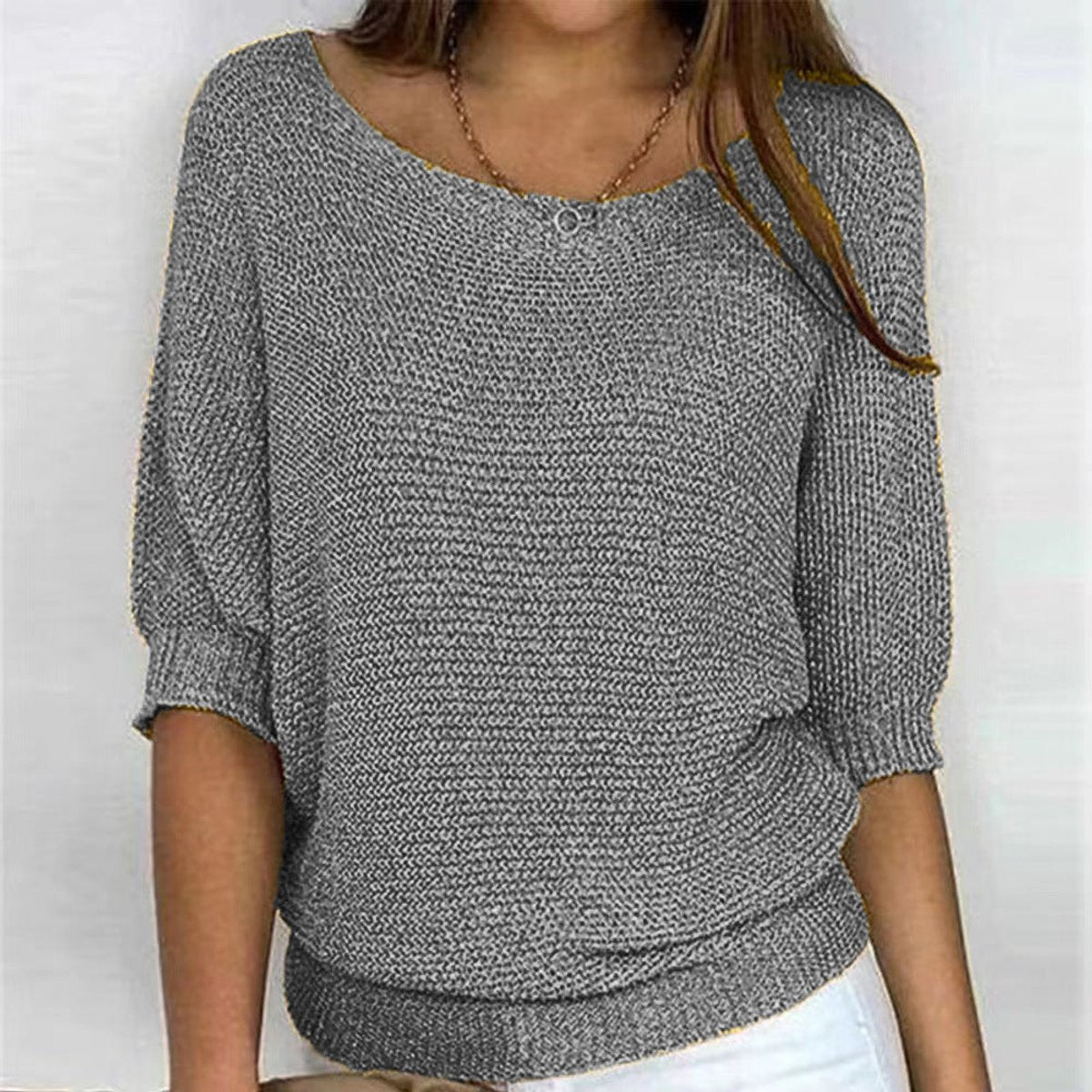 Women's Relaxed-Fit Batwing-Sleeve Knit Pullover Sweater - Gray