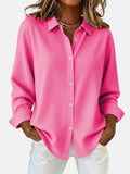 Women's Relaxed-Fit Button-Down Long-Sleeve Collared Blouse - Fuchsia