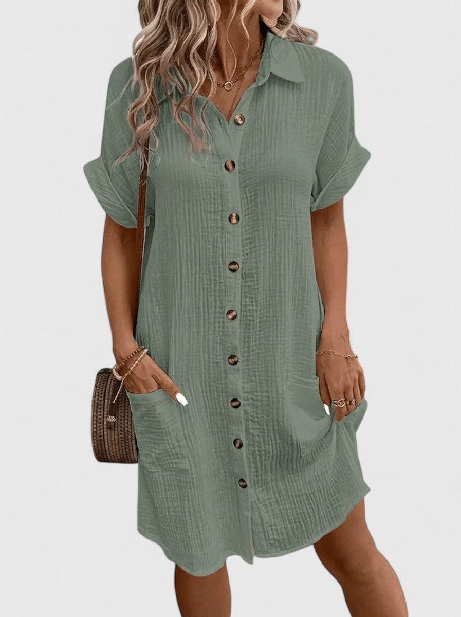 Women's Relaxed-Fit Button-Down Short Sleeve Shirt Dress - Green
