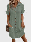 Women's Relaxed-Fit Button-Down Short Sleeve Shirt Dress - Green