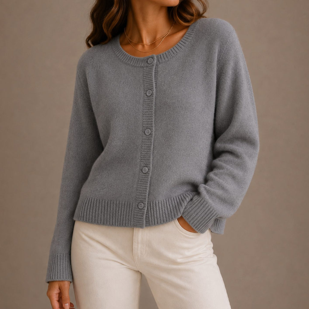 Women's Relaxed-Fit Button-Up Round Neck Knit Cardigan Sweater - Gray