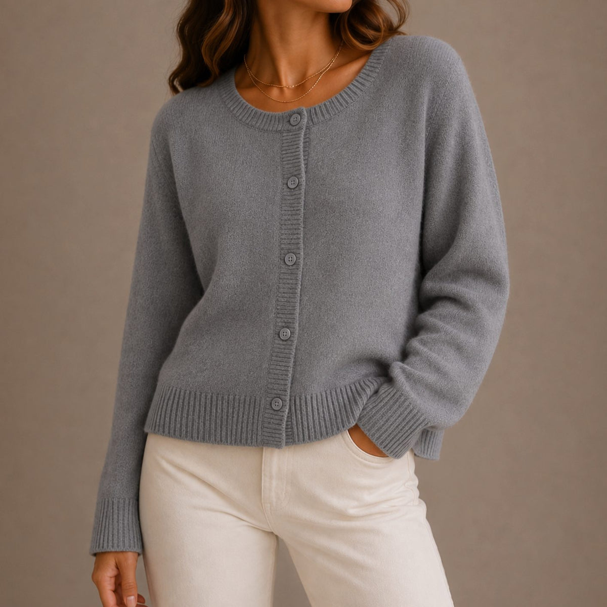 Women's Relaxed-Fit Button-Up Round Neck Knit Cardigan Sweater - Gray