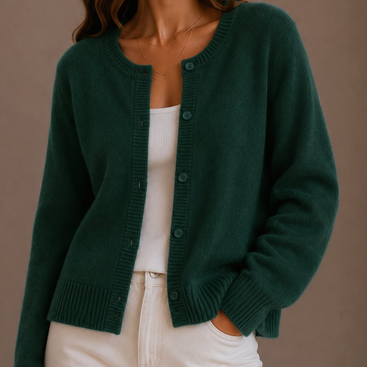 Women's Relaxed-Fit Button-Up Round Neck Knit Cardigan Sweater - Green