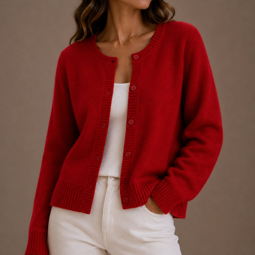 Women's Relaxed-Fit Button-Up Round Neck Knit Cardigan Sweater - Red
