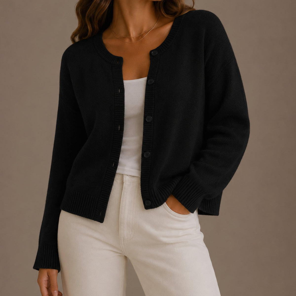 Women's Relaxed-Fit Button-Up Round Neck Knit Cardigan Sweater - Black