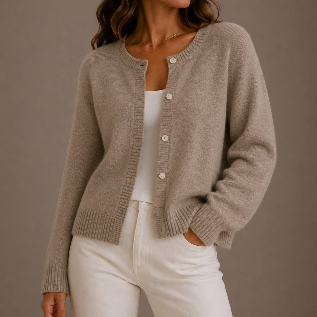 Women's Relaxed-Fit Button-Up Round Neck Knit Cardigan Sweater - Beige