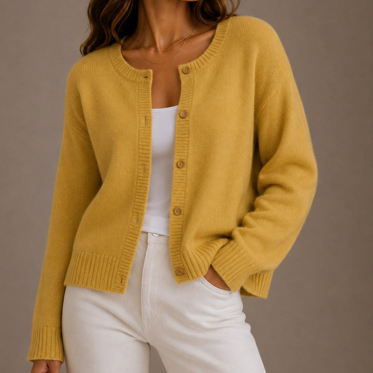 Women's Relaxed-Fit Button-Up Round Neck Knit Cardigan Sweater - Yellow