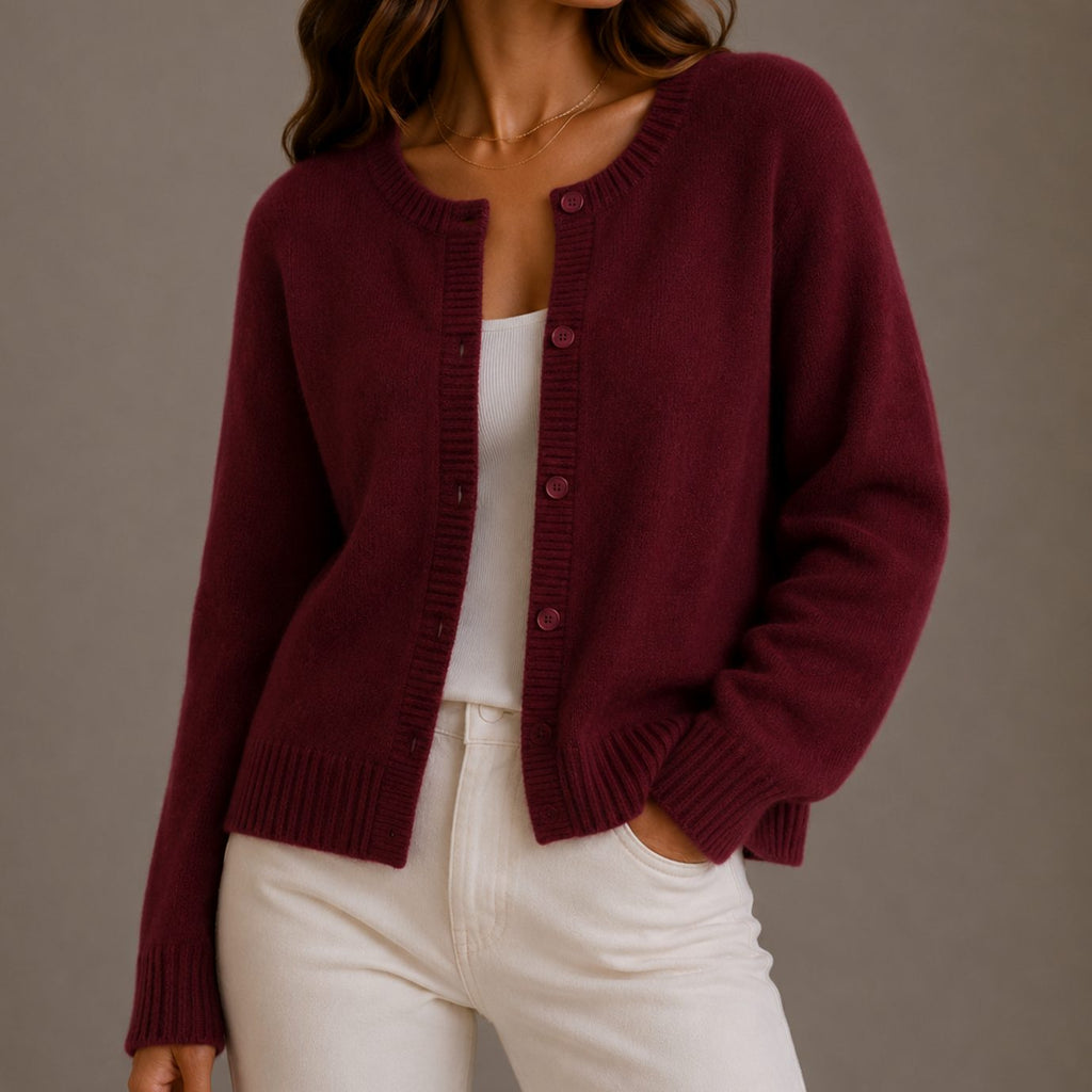 Women's Relaxed-Fit Button-Up Round Neck Knit Cardigan Sweater - Red Carpet