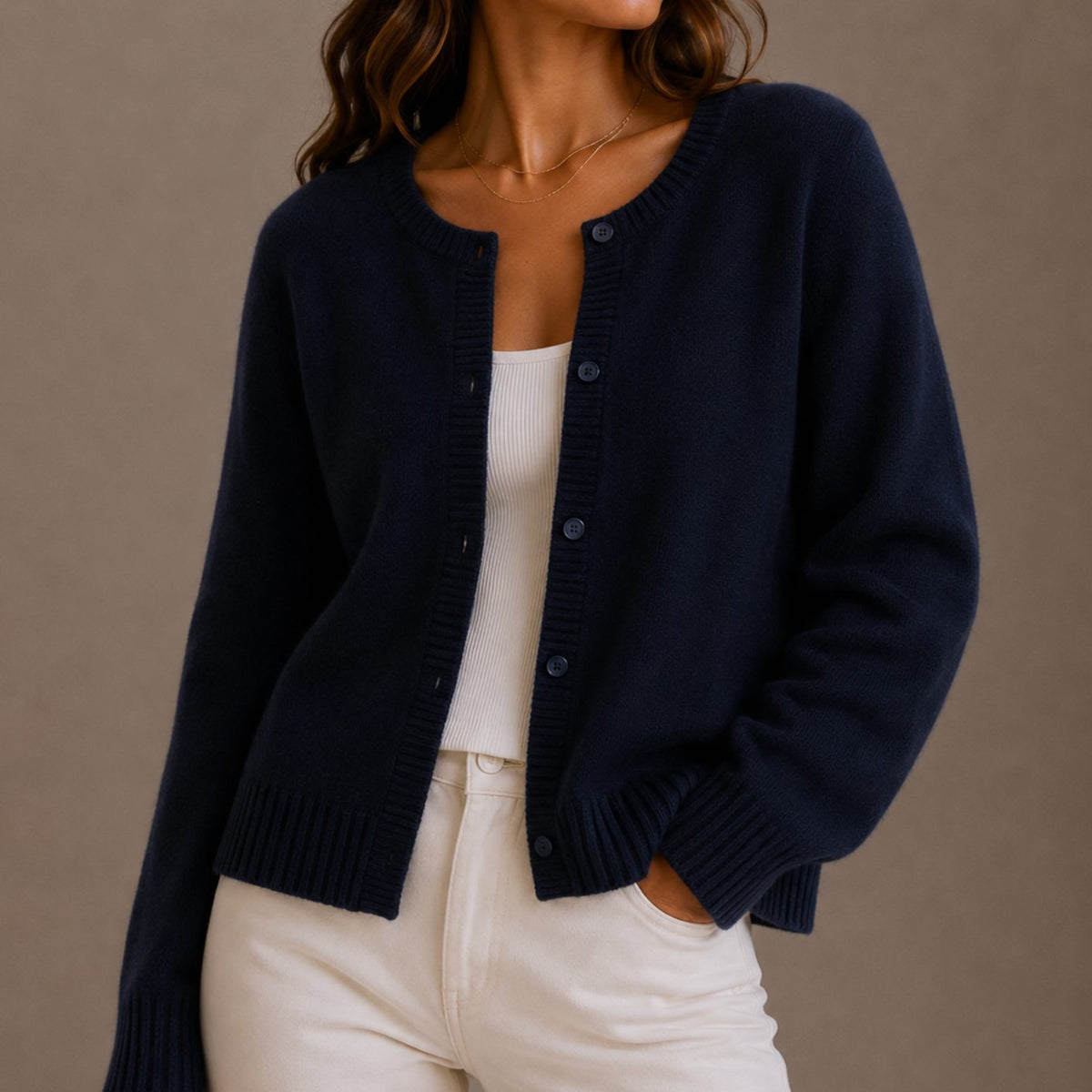 Women's Relaxed-Fit Button-Up Round Neck Knit Cardigan Sweater