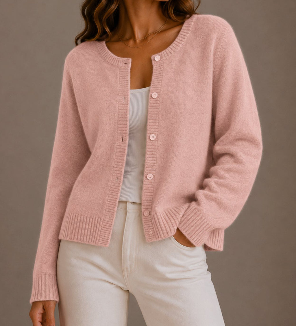 Women's Relaxed-Fit Button-Up Round Neck Knit Cardigan Sweater - Pink
