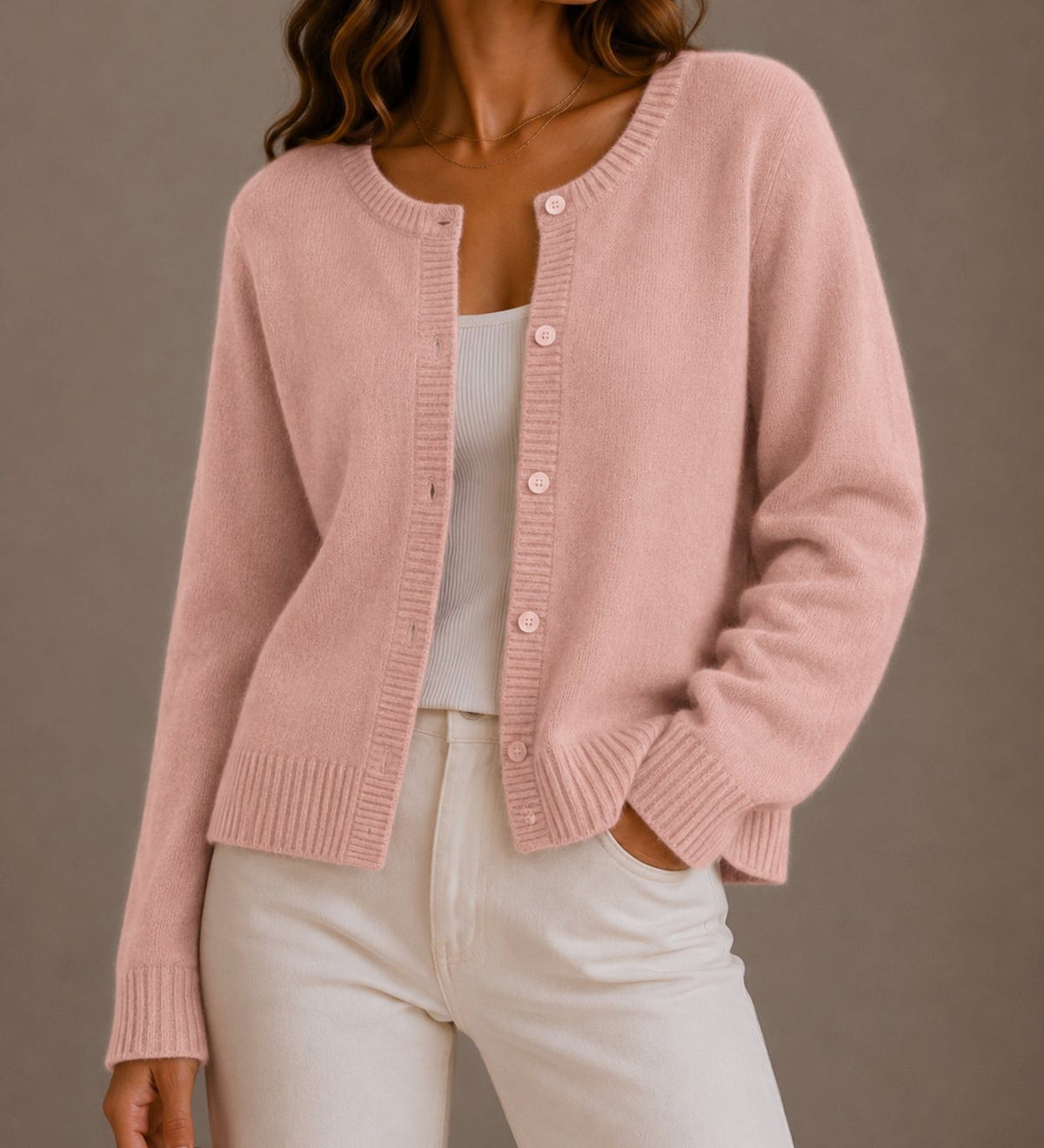 Women's Relaxed-Fit Button-Up Round Neck Knit Cardigan Sweater - Pink