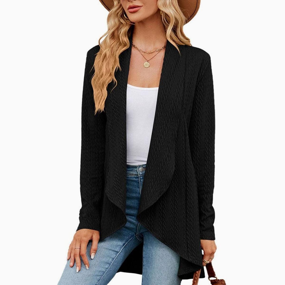 Women's Relaxed Fit Cardigan Long Open-Front Textured Knit Layering Jacket - Black