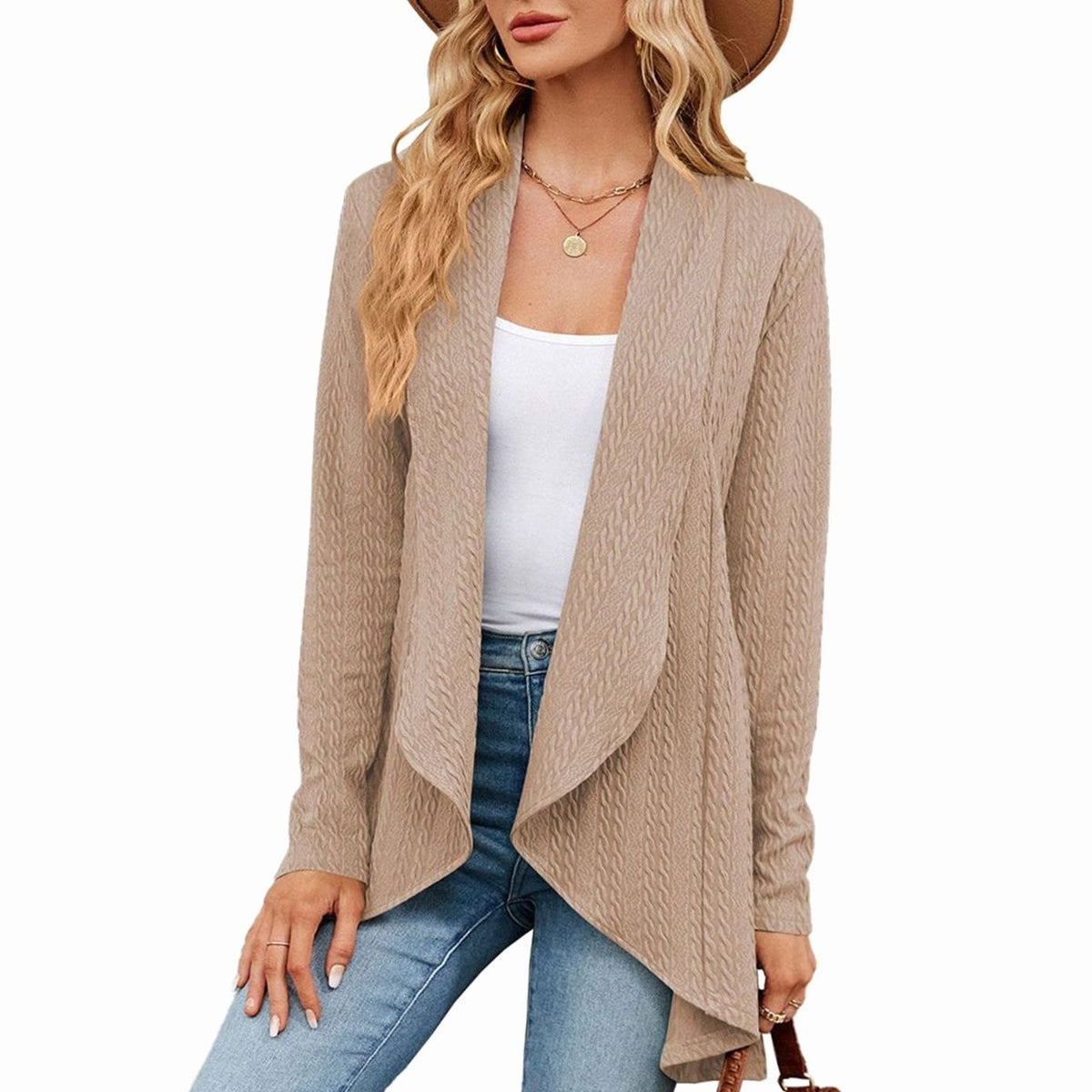 Women's Relaxed Fit Cardigan Long Open-Front Textured Knit Layering Jacket - Khaki
