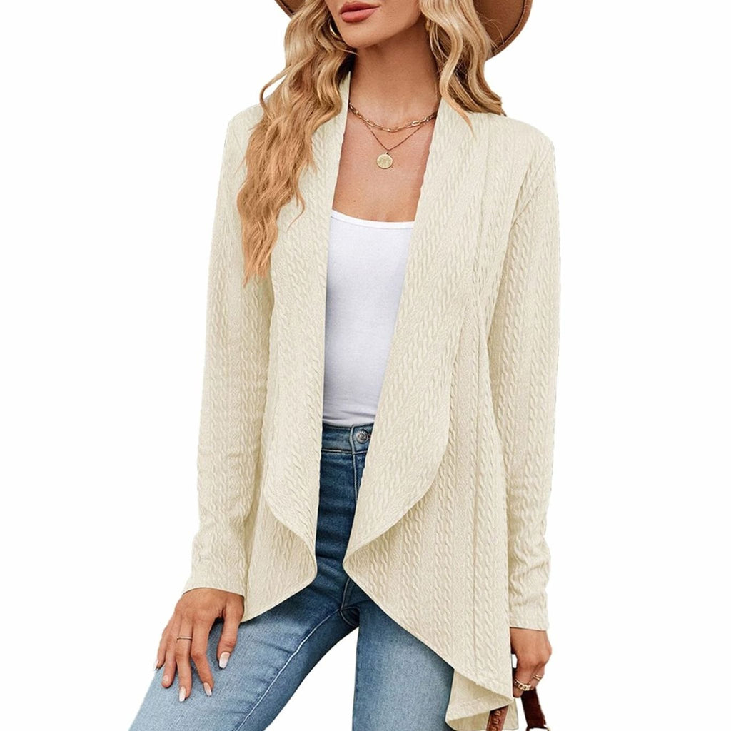 Women's Relaxed Fit Cardigan Long Open-Front Textured Knit Layering Jacket - Apricot