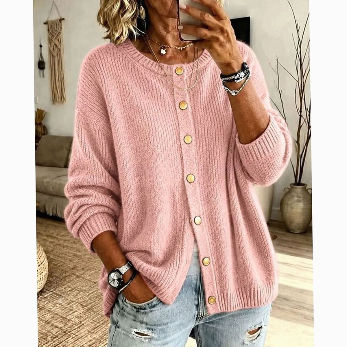 Women's Relaxed-Fit Crew-Neck Button-Front Knit Cardigan - Pink