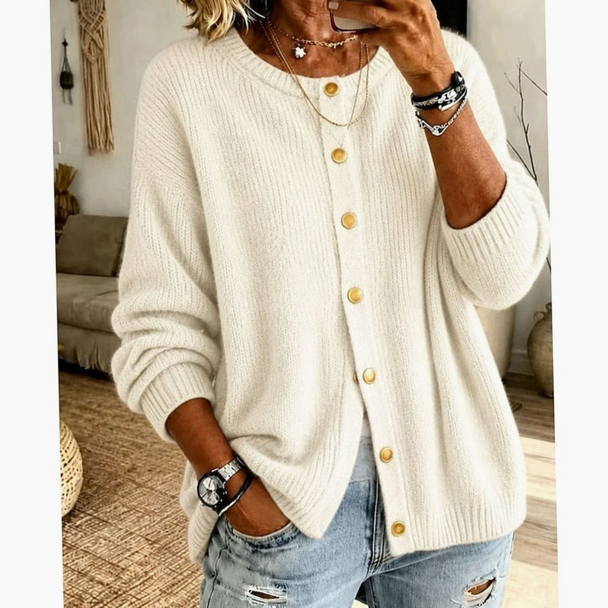 Women's Relaxed-Fit Crew-Neck Button-Front Knit Cardigan - Beige