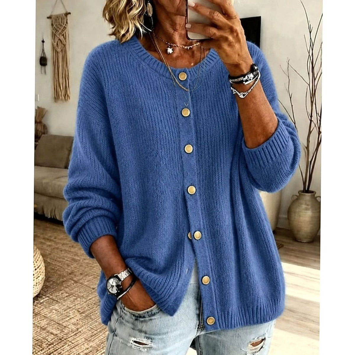 Women's Relaxed-Fit Crew-Neck Button-Front Knit Cardigan - Blue