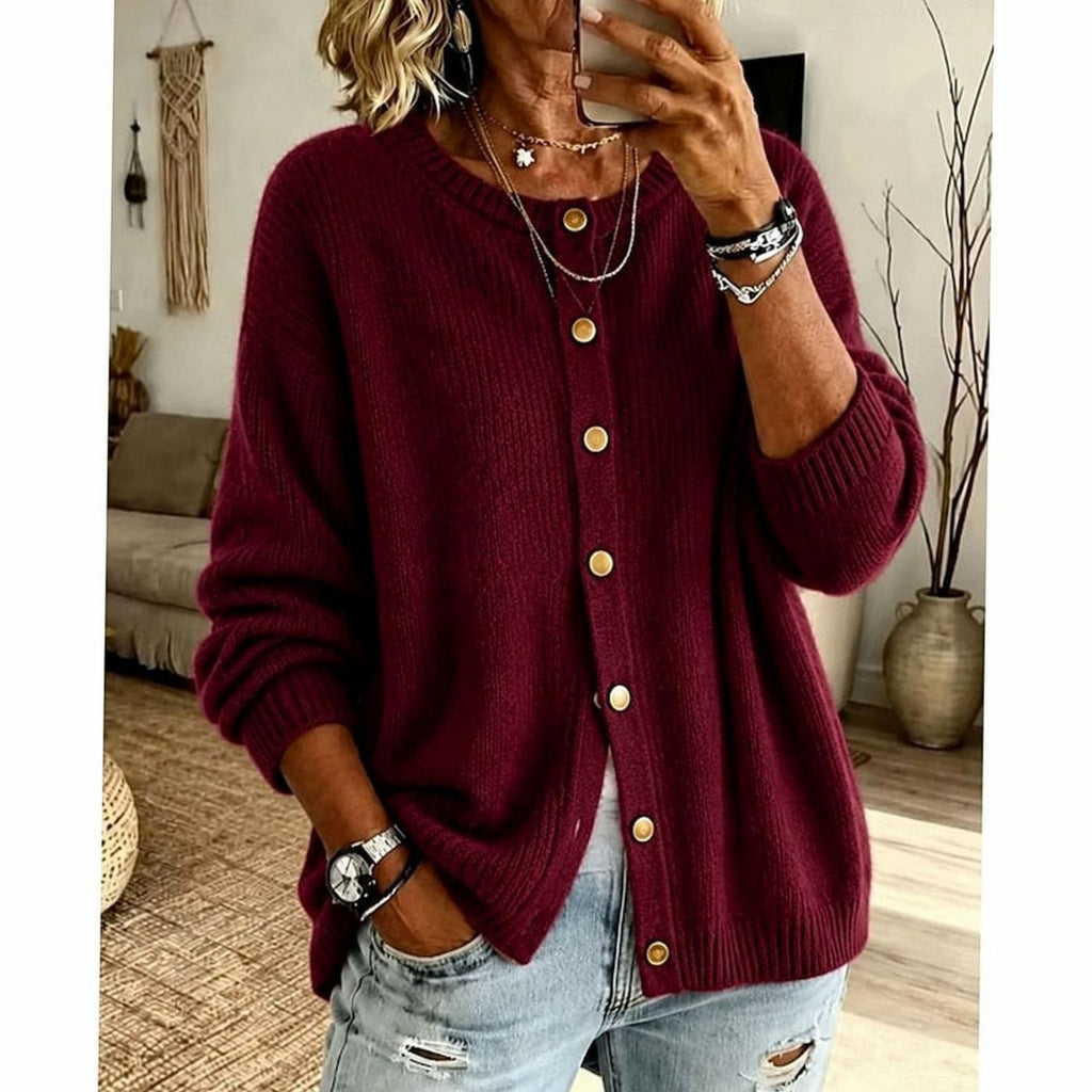 Women's Relaxed-Fit Crew-Neck Button-Front Knit Cardigan - Red