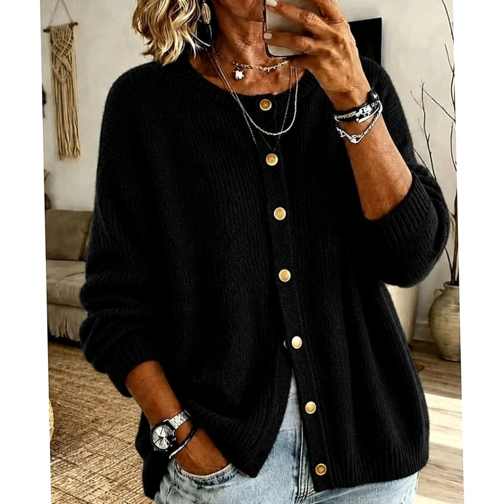 Women's Relaxed-Fit Crew-Neck Button-Front Knit Cardigan - Black