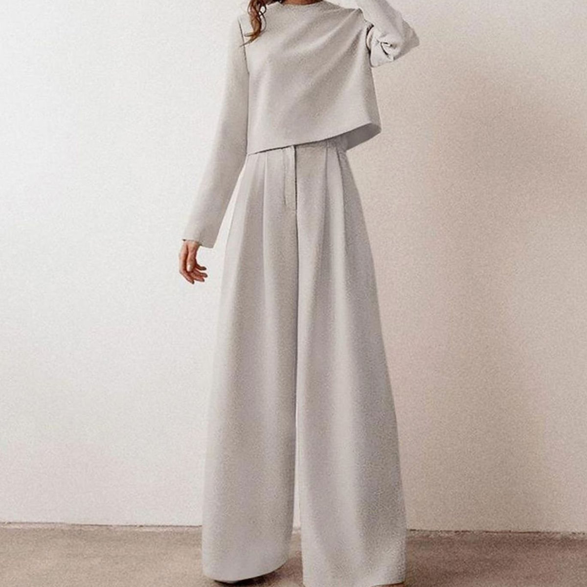 Women's Relaxed-Fit Cropped Top Wide-Leg Pants Outfit Set - Gray