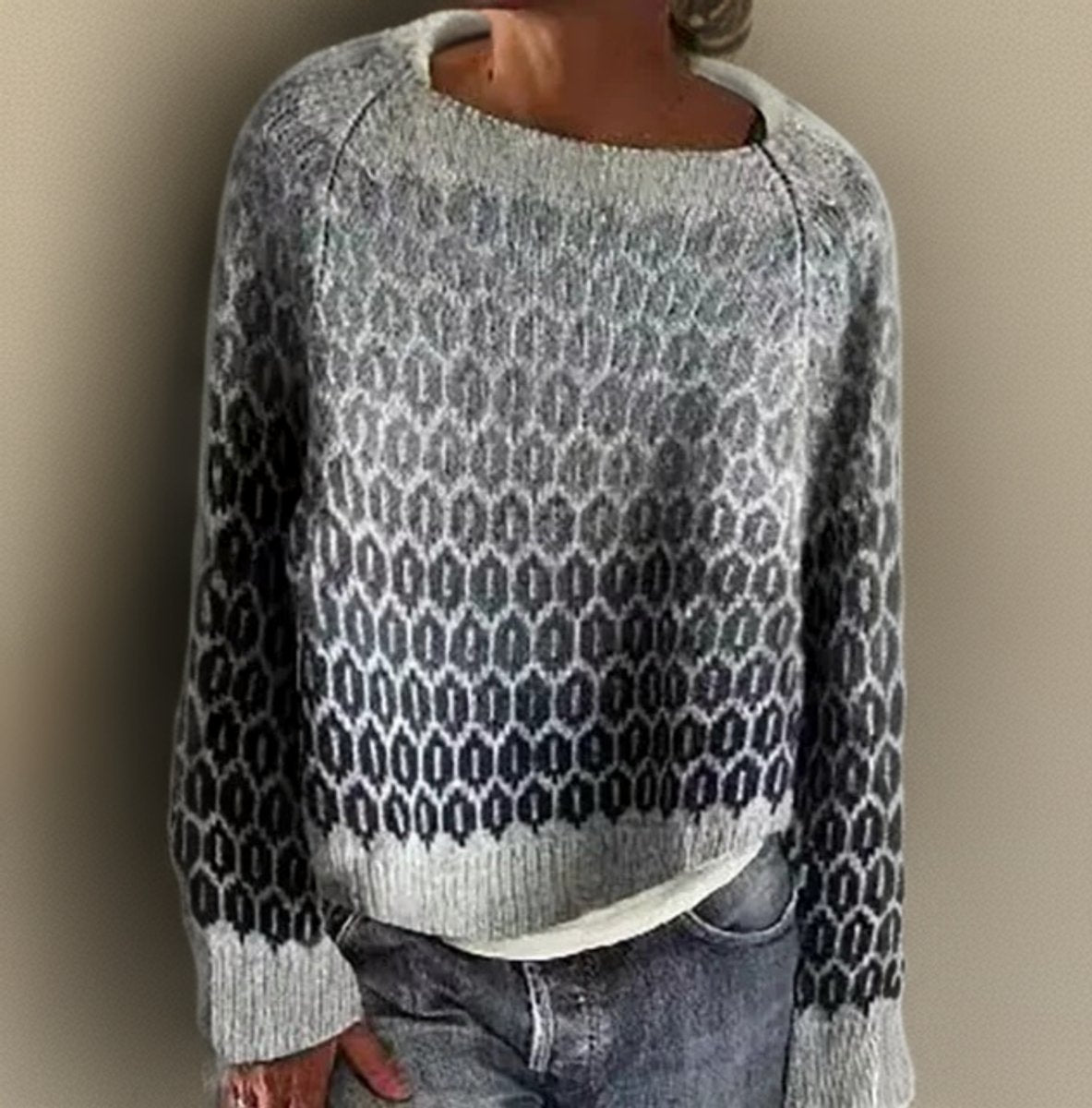 Women's Relaxed-Fit Fair Isle Knit Sweater Crew Neck Pullover - Gray