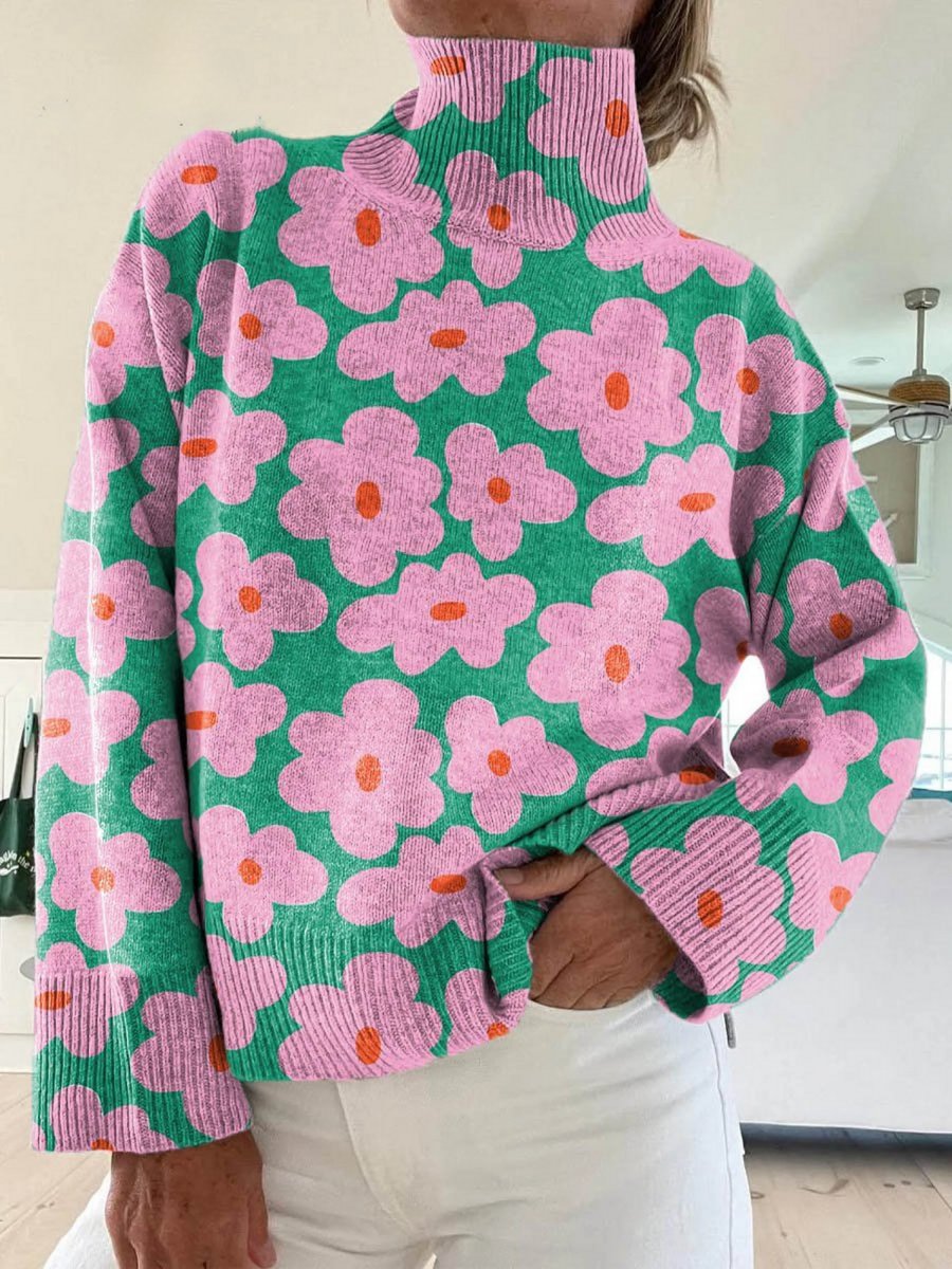 Women's Relaxed-Fit Floral Print Turtleneck Sweater - Multicolor