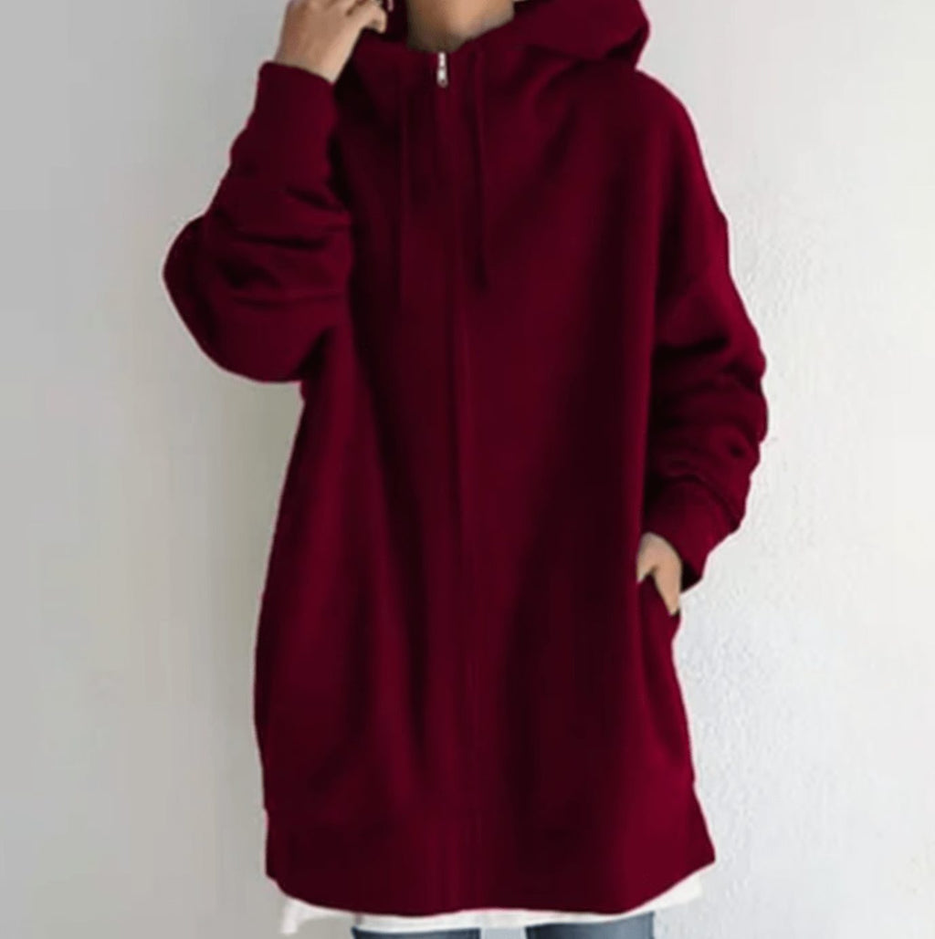 Women's Relaxed-Fit Full-Zip Long Hoodie Sweatshirt - Wine