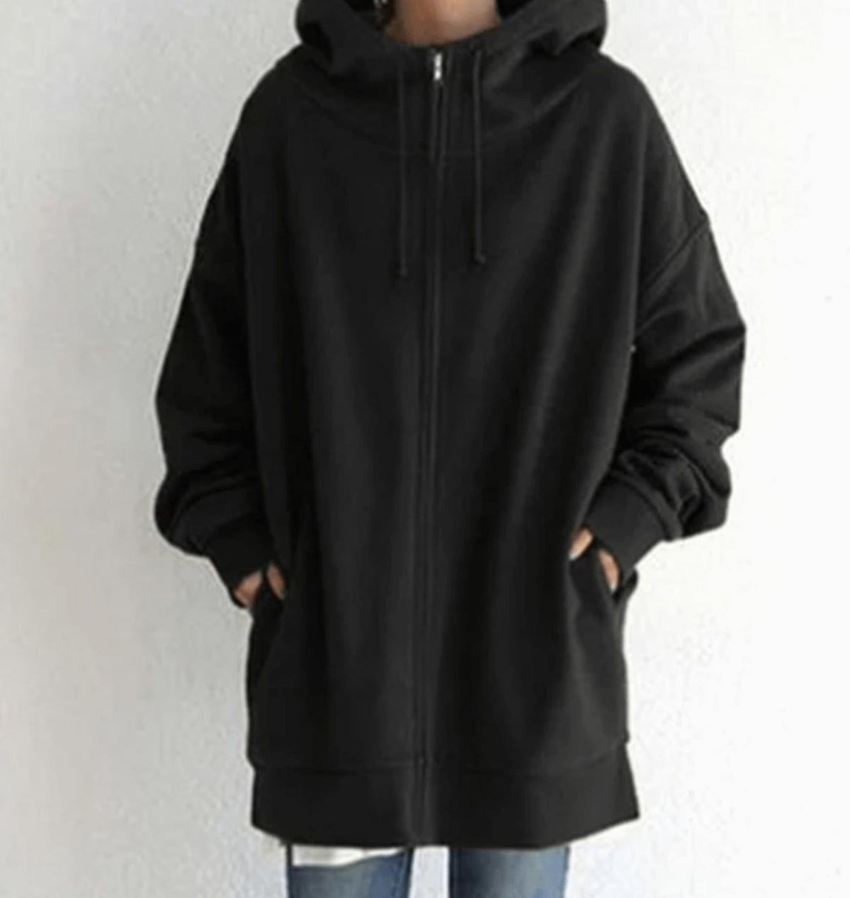 Women's Relaxed-Fit Full-Zip Long Hoodie Sweatshirt - Black
