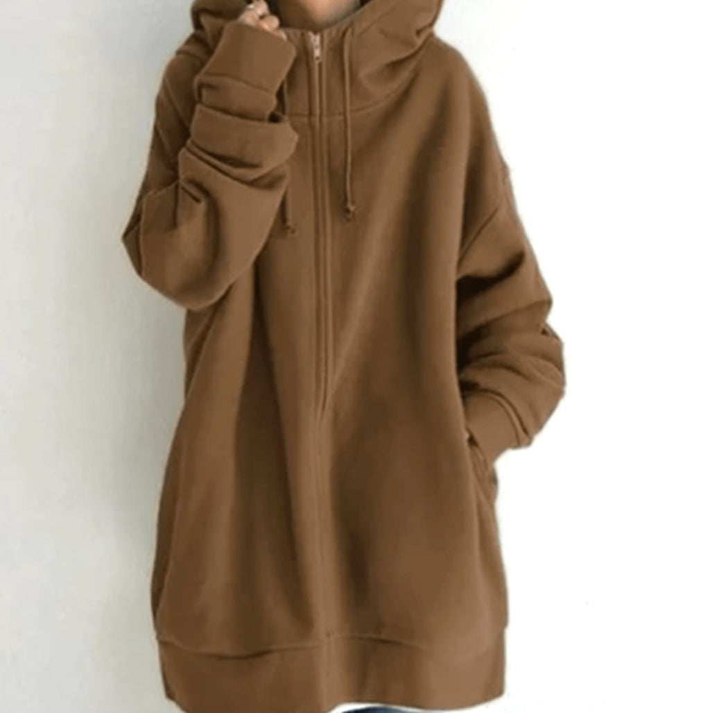 Women's Relaxed-Fit Full-Zip Long Hoodie Sweatshirt - Brown