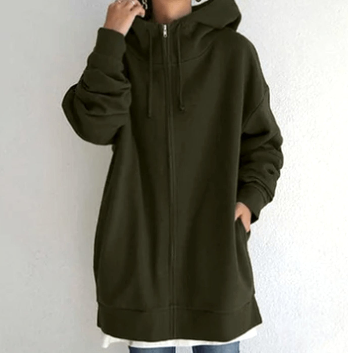 Women's Relaxed-Fit Full-Zip Long Hoodie Sweatshirt - Army Green