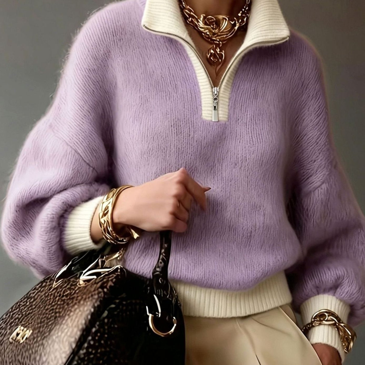 Women's Relaxed-Fit Half-Zip Knit Pullover Sweater - Lavender