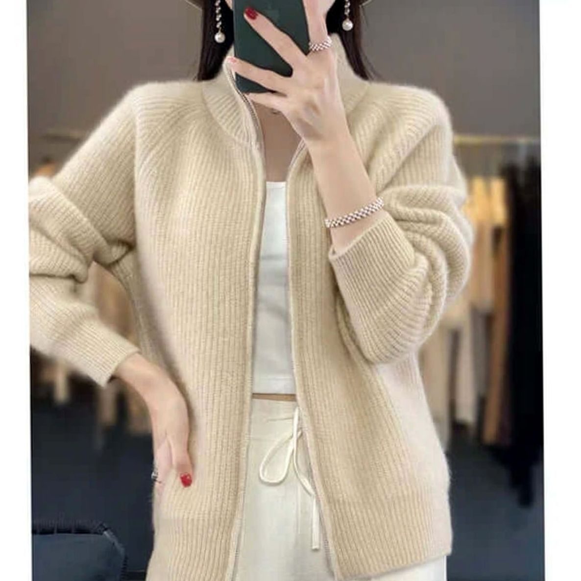 Women's Relaxed-Fit Half-Zip Knit Sweater - Beige